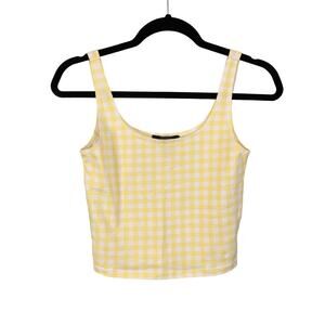 FOREVER 21 Crop Top Womens M Gingham Print Sleeveless Scoop Cotton Blend Yellow